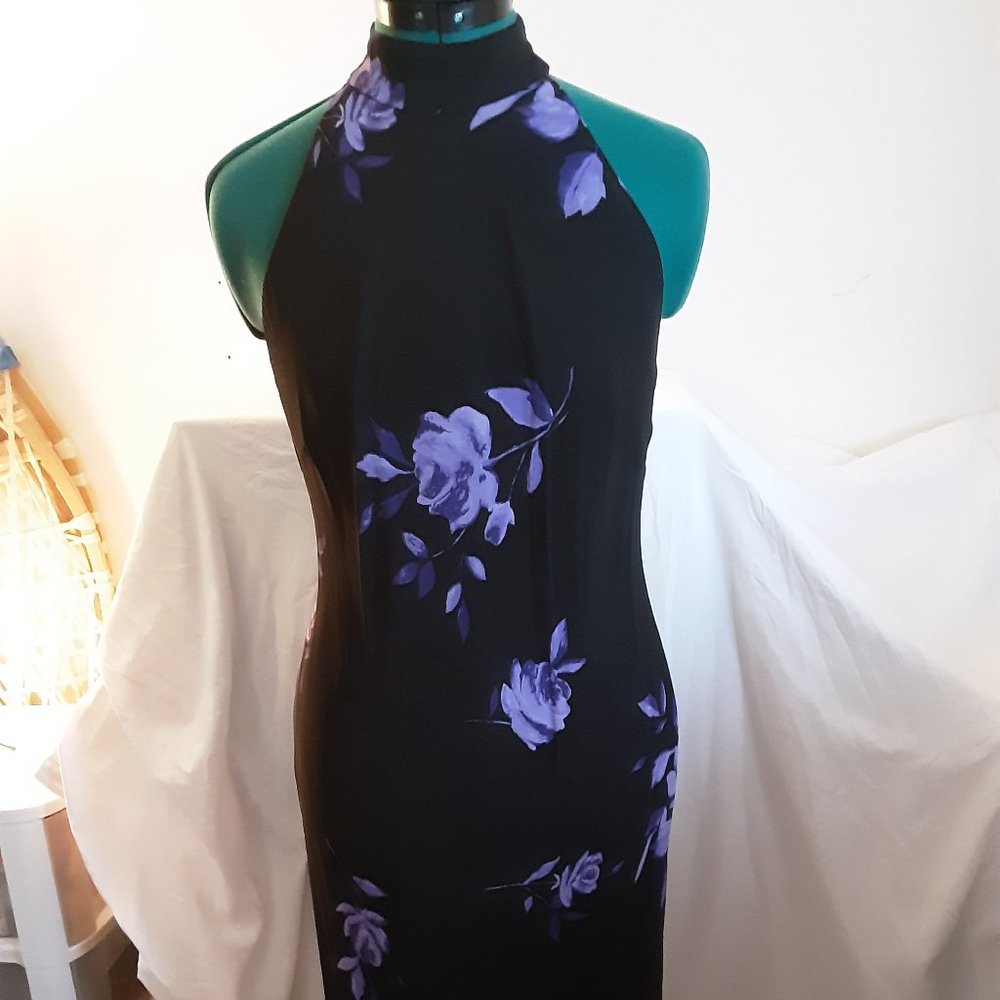 Elegant rayon dress with mock choker neckline, tasteful back reveal